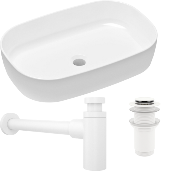 Комплект Накладная раковина Lavinia Boho Bathroom Sink Slim 33311003 + Донный клапан Wellsee Drainage System 182138000 матовый белый + Сифон 182108000 белый