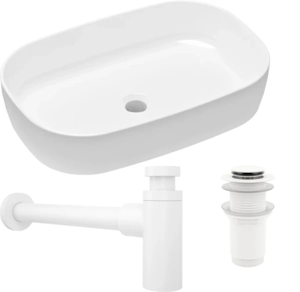 Комплект Накладная раковина Lavinia Boho Bathroom Sink Slim 33311003 + Донный клапан Wellsee Drainage System 182138000 матовый белый + Сифон 182108000 белый