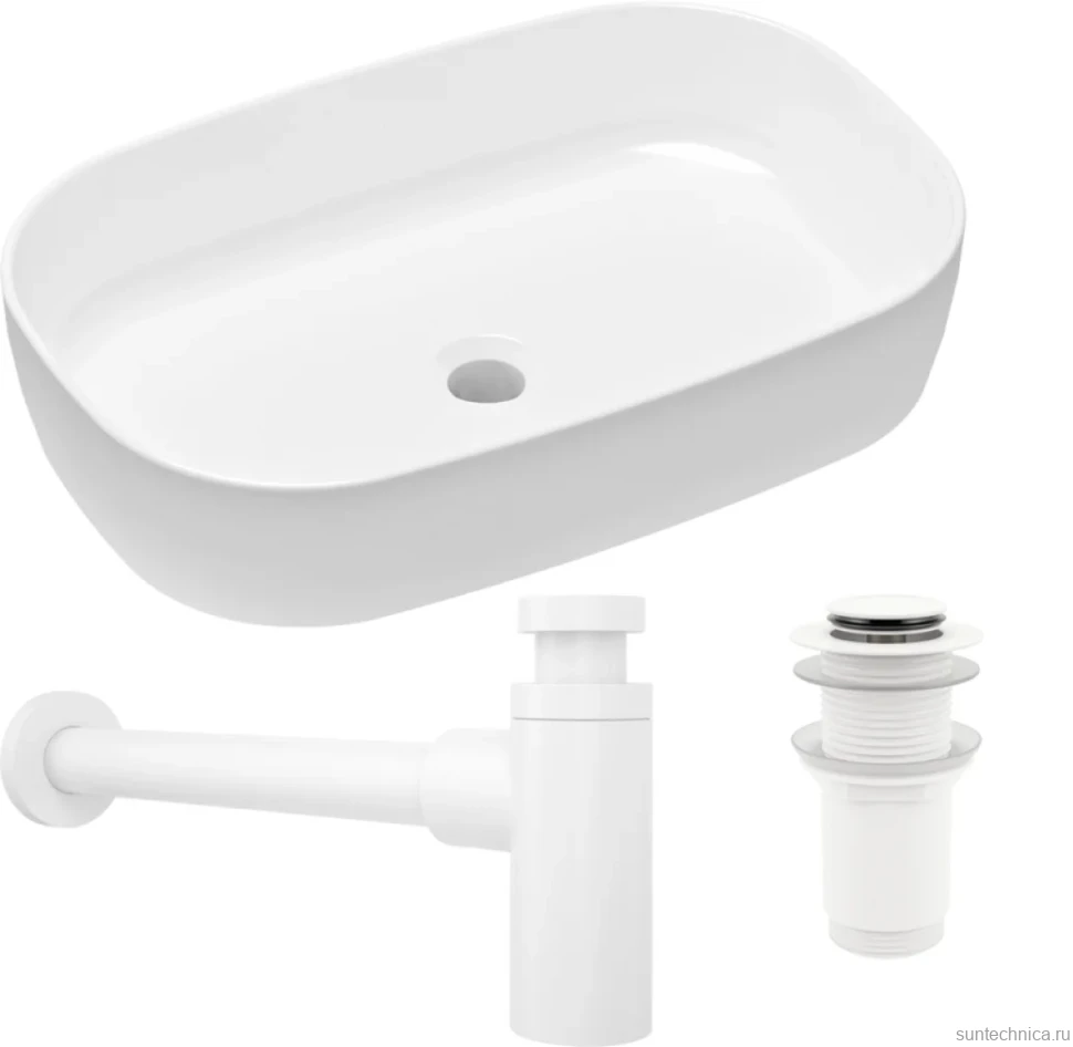 Комплект Накладная раковина Lavinia Boho Bathroom Sink Slim 33311003 + Донный клапан Wellsee Drainage System 182138000 матовый белый + Сифон 182108000 белый