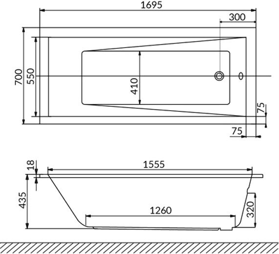 Акриловая ванна WHITECROSS Wave Slim 170x70 см, встраиваемая, белый глянец, на ножках
