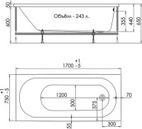 Акриловая ванна 1ACReal ОМР Tokyo 170x75 см, пристенная, белая, с каркасом