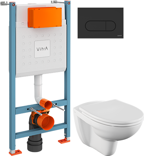 Комплект Унитаз подвесной Norm Fit + Крышка VitrA Norm 84-003-749 с микролифтом + Инсталляция V-Fix Core 732-5800-01 с кнопкой смыва Root R 740-2211 черной матовой