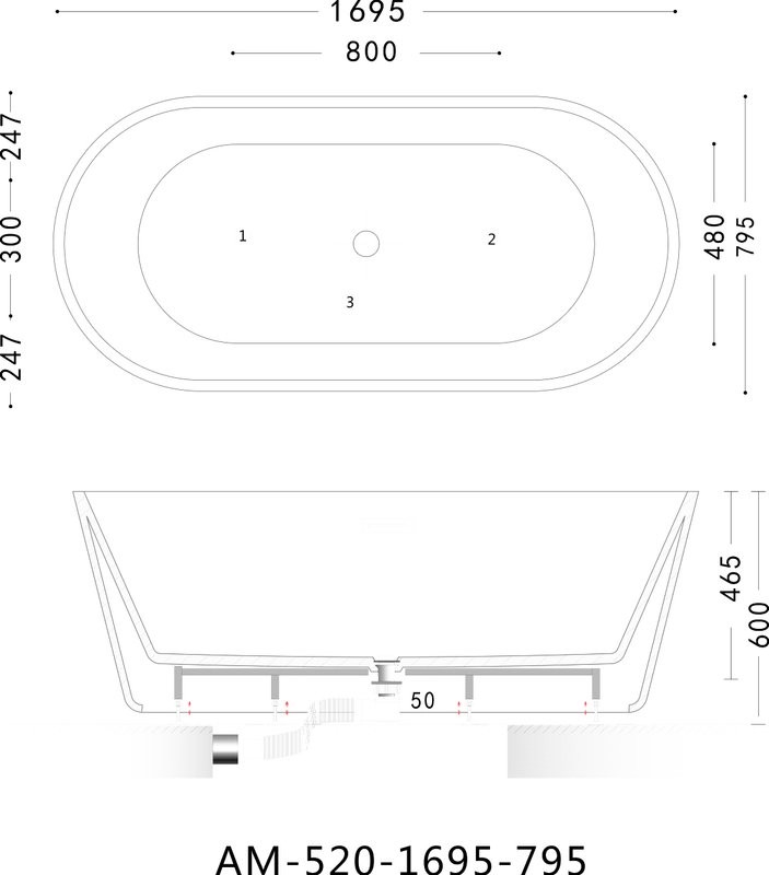 Акриловая ванна Art&Max AM-520-1695-795 170x80 см, отдельностоящая, белая, овальная, с каркасом, со сливом-переливом