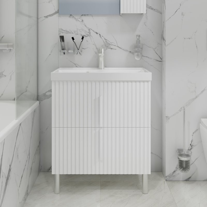 Тумба с раковиной СаНта Юпитер 70 напольная, 2 ящика, белый глянец