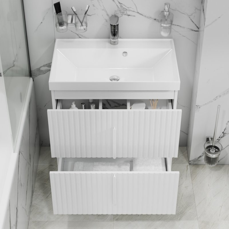 Тумба с раковиной СаНта Юпитер 70 напольная, 2 ящика, белый глянец
