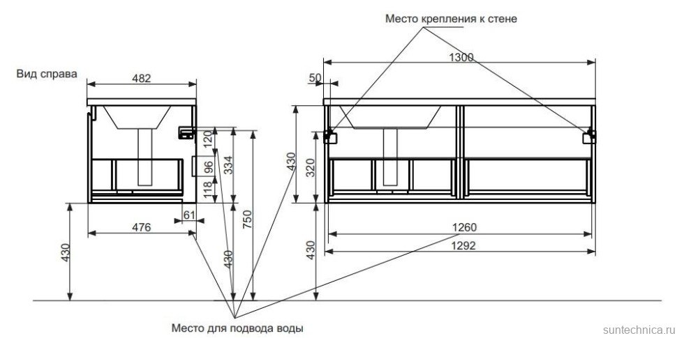 Тумба под раковину Эстет Dallas Luxe 130 подвесная, 1 ящик, R