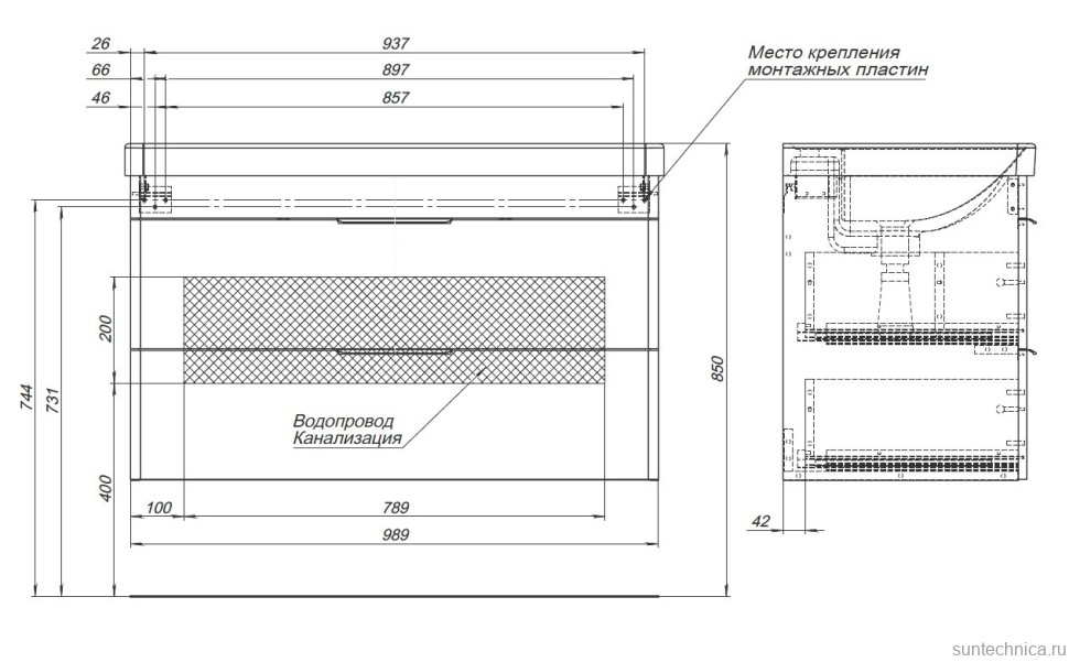 Тумба с раковиной Aquanet Ирис new 100 подвесная, 2 ящика