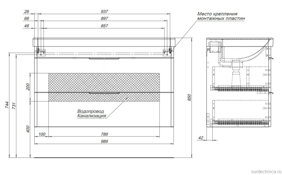 Тумба с раковиной Aquanet Ирис new 100 подвесная, 2 ящика
