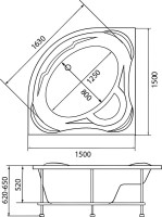 Акриловая ванна 1MarKa Palermo 150x150 см, угловая, пристенная, белая, четверть круга, с каркасом, с сиденьем