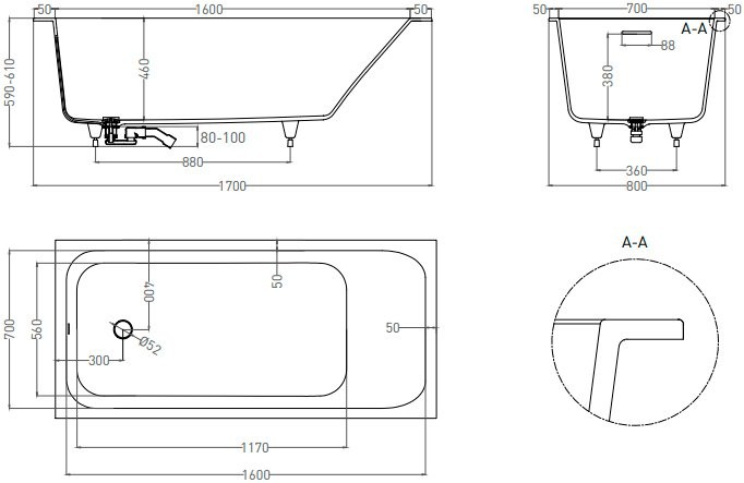 Ванна из искусственного камня Salini Orlanda Kit S-Sense 170x80 см, встраиваемая, матовая белая, на ножках, со сливом-переливом, с донным клапаном