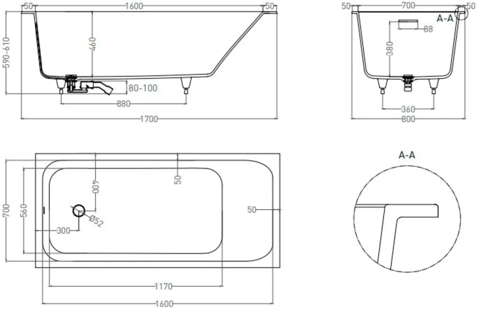 Ванна из искусственного камня Salini Orlanda Kit S-Sense 170x80 см, встраиваемая, матовая белая, на ножках, со сливом-переливом, с донным клапаном