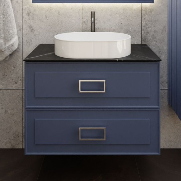 Тумба под раковину со столешницей La Fenice Cubo Twin Blu Grigio 100 подвесная , синяя матовая, столешница черный мрамор, ручки белые