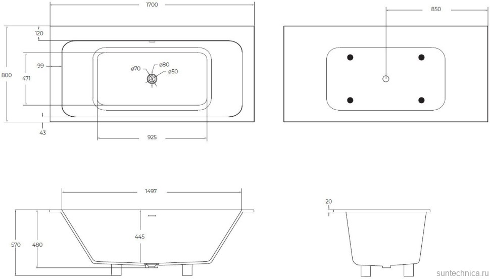 Ванна из искусственного камня Cezares Slider Solid Surface 170x80 см, встраиваемая, матовая белая, со сливом-переливом, с донным клапаном