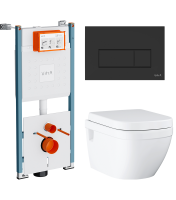 Комплект Унитаз подвесной Grohe Euro Ceramic 39703000 безободковый + Инсталляция VitrA V-Fix Core 732-5800-01PV + Кнопка Root Square 740-2311 черная матовая