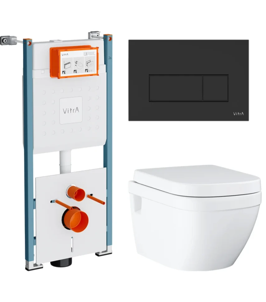 Комплект Унитаз подвесной Grohe Euro Ceramic 39703000 безободковый + Инсталляция VitrA V-Fix Core 732-5800-01PV + Кнопка Root Square 740-2311 черная матовая