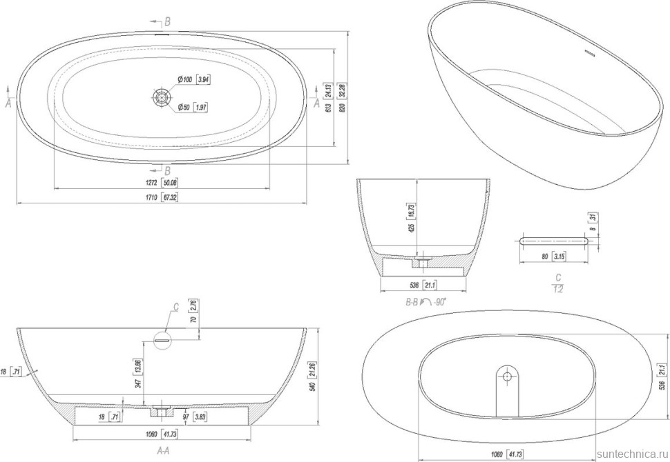 Ванна из искусственного камня Allen Brau Krion Oval 170x80 см, отдельностоящая, матовая белая, овальная, со сливом-переливом