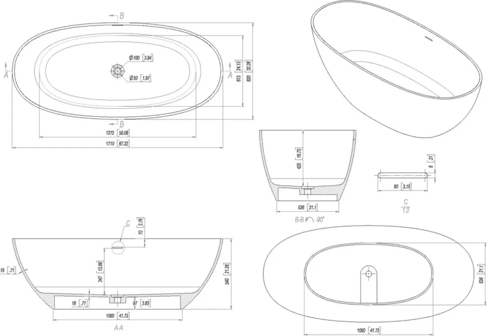 Ванна из искусственного камня Allen Brau Krion Oval 170x80 см, отдельностоящая, матовая белая, овальная, со сливом-переливом