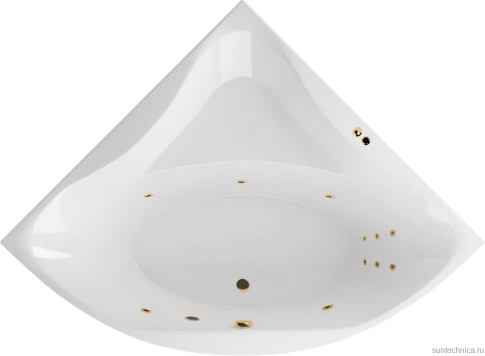 Акриловая ванна Excellent Glamour Line 150x150 см, угловая, встраиваемая, с гидромассажем, белая, четверть круга, с каркасом, с сиденьем, со сливом-переливом, фурнитура золото