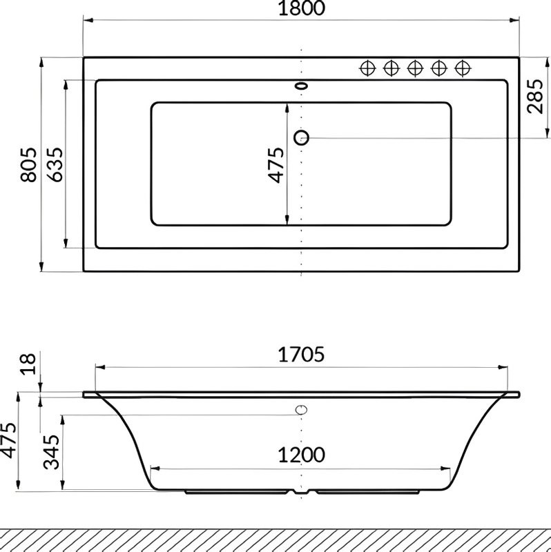 Акриловая ванна Excellent Pryzmat Slim Smart 180x80 см, встраиваемая, с гидромассажем, белая, с каркасом, со сливом-переливом, фурнитура золото