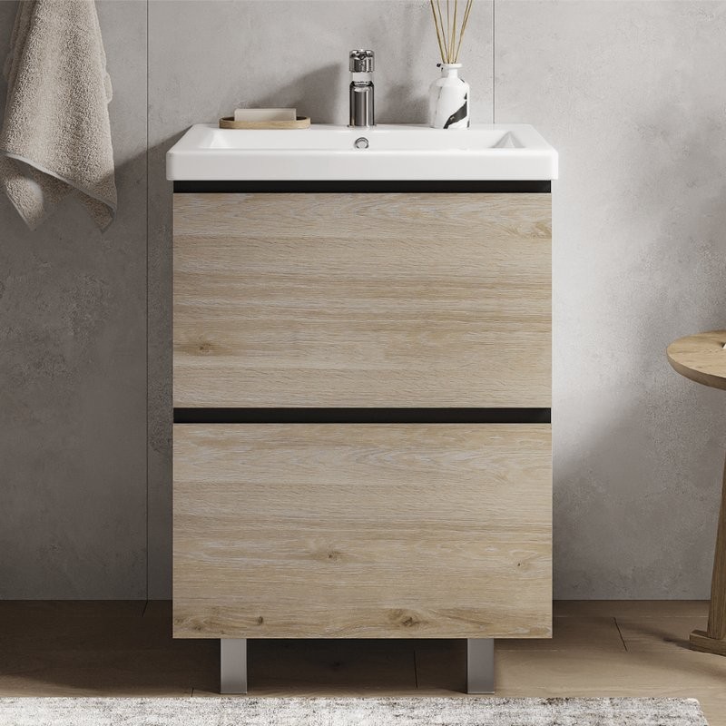 Тумба с раковиной Vigo Cross 60 напольная, 2 ящика, светлое дерево