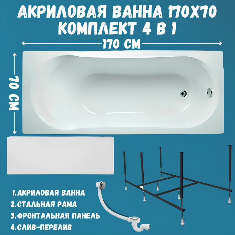 Акриловая ванна 1MarKa Libra Премиум 170x70 см, пристенная, белая, с каркасом, с экраном, со сливом-переливом