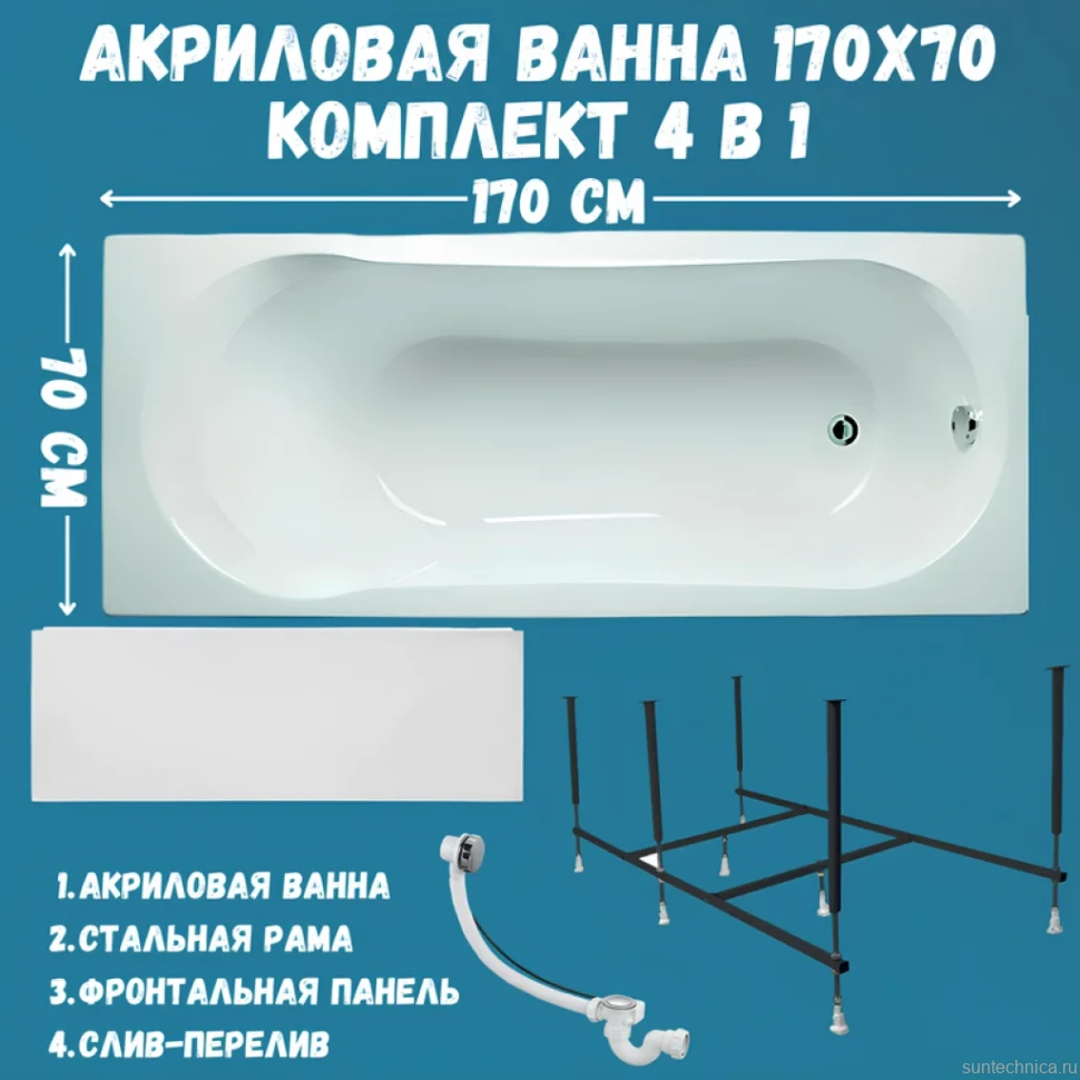 Акриловая ванна 1MarKa Libra Премиум 170x70 см, пристенная, белая, с каркасом, с экраном, со сливом-переливом