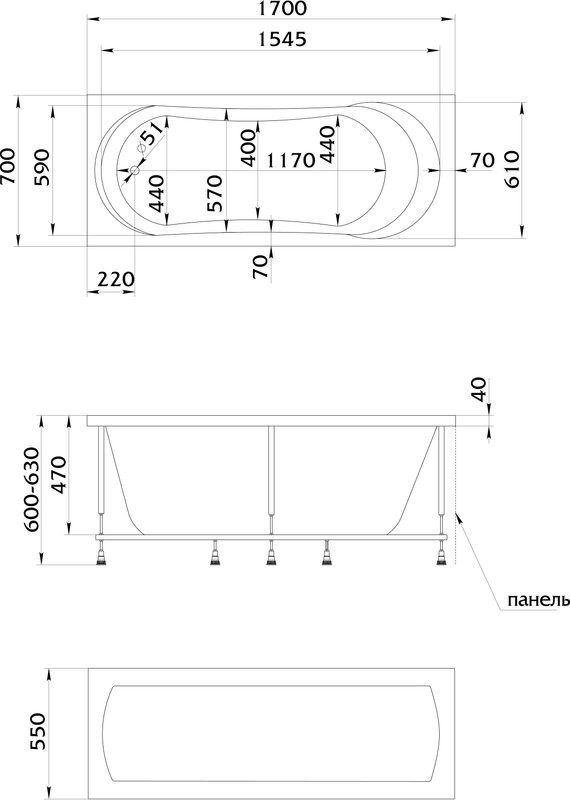 Акриловая ванна 1MarKa Libra Премиум 170x70 см, пристенная, белая, с каркасом, с экраном, со сливом-переливом
