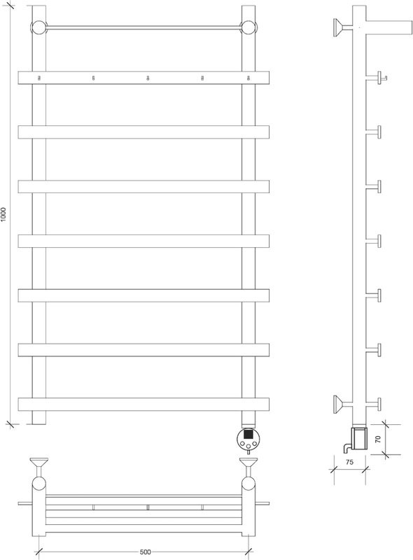 Полотенцесушитель электрический Secado Понтида 1 КСП, R 100x60 см, подключение справа, глянцевый хром, лесенка, с полкой