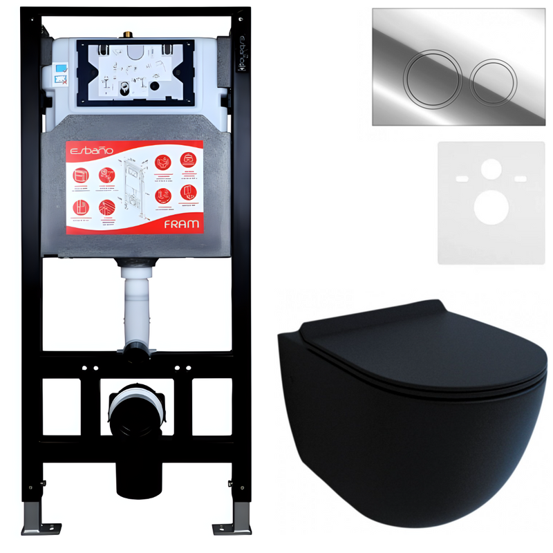 Комплект Унитаз подвесной Esbano Garcia ESUPGARCBM матовый черный + Инсталляция Fram + Кнопка ESINKRG11SC