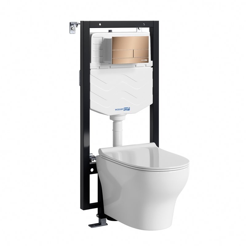 Комплект Унитаз подвесной WasserKRAFT Berkel H001 безободковый + Крышка для унитаза E034 + Система инсталляции для унитазов Vils 56TLT.010.ME + Кнопка смыва RG04