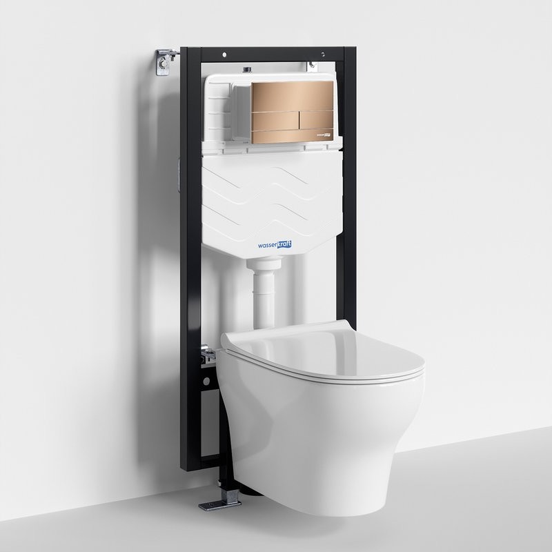 Комплект Унитаз подвесной WasserKRAFT Berkel H001 безободковый + Крышка для унитаза E034 + Система инсталляции для унитазов Vils 56TLT.010.ME + Кнопка смыва RG04