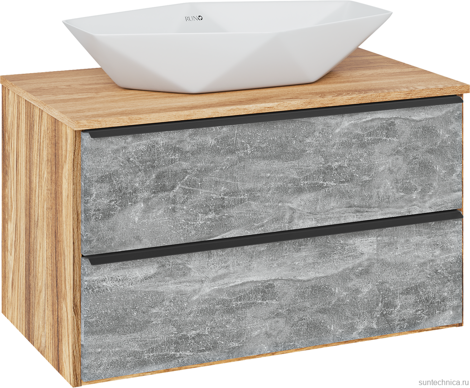 Тумба с раковиной Runo Мальта 85 подвесная, дуб, серая, раковина Poligono 65