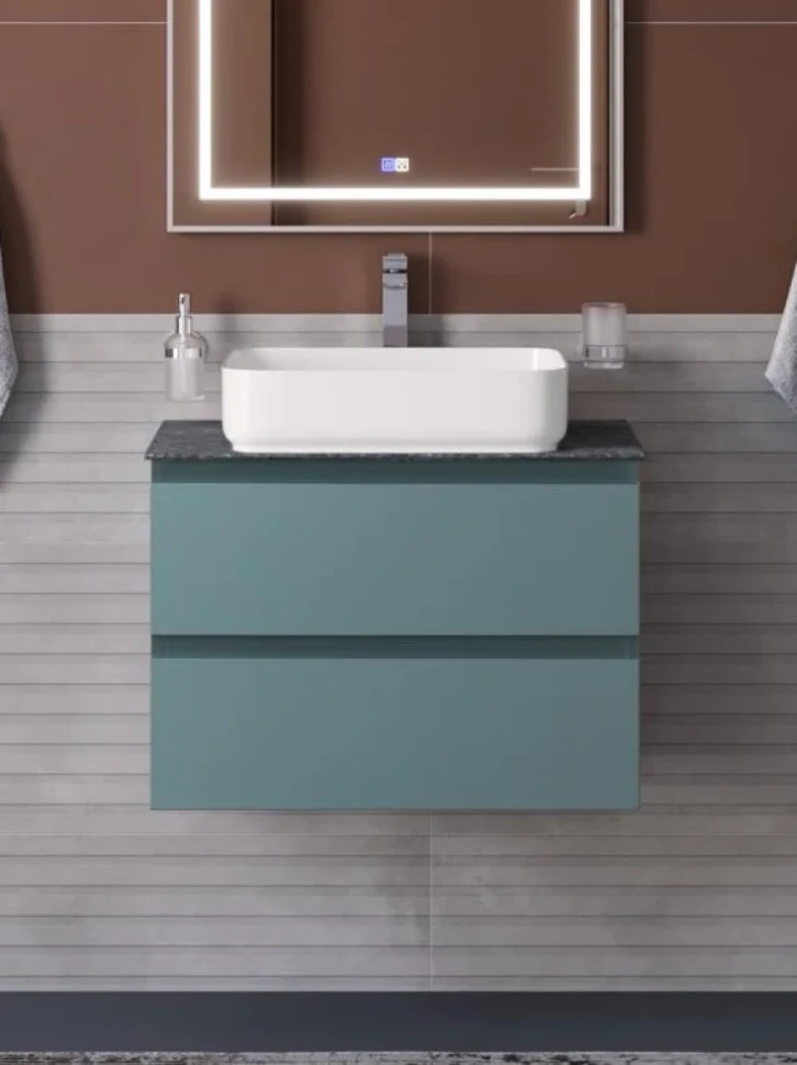 Тумба под раковину со столешницей BelBagno Kraft 60 подвесная, матовая голубая, столешница kep-60-grn