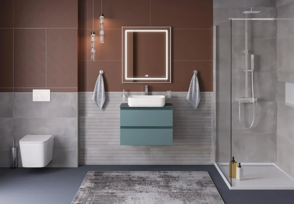 Тумба под раковину со столешницей BelBagno Kraft 60 подвесная, матовая голубая, столешница kep-60-grn