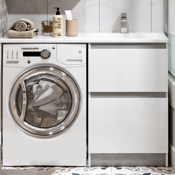 Тумба с раковиной Alavann Soft Silver 120 R под стиральную машину, белая