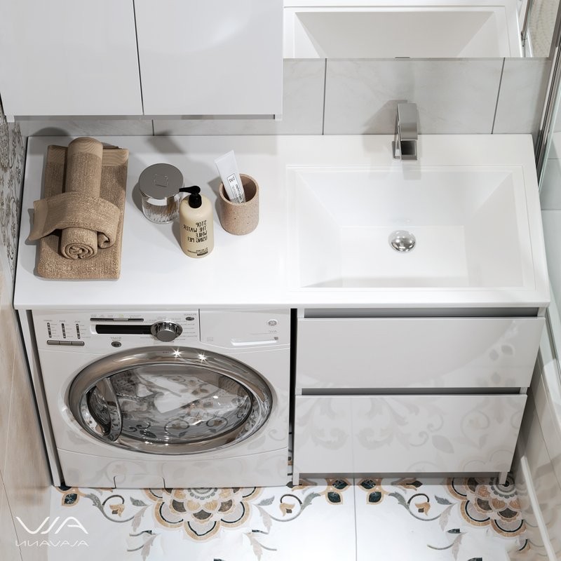 Тумба с раковиной Alavann Soft Silver 120 R под стиральную машину, белая