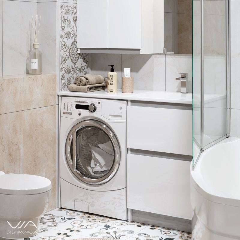 Тумба с раковиной Alavann Soft Silver 120 R под стиральную машину, белая