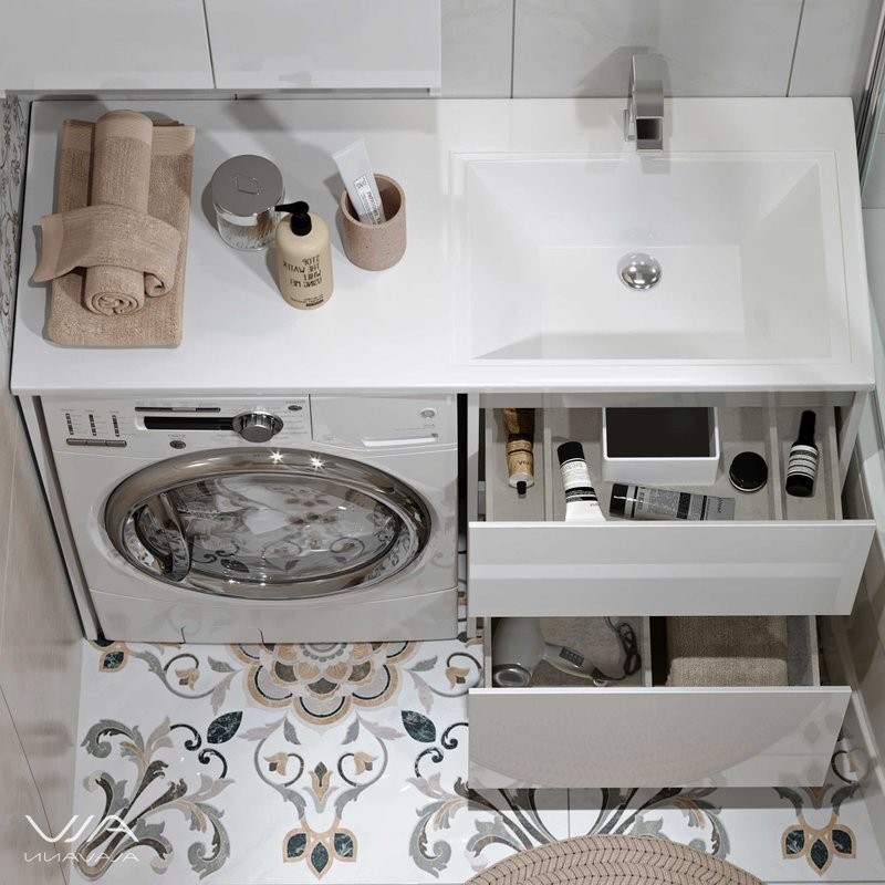 Тумба с раковиной Alavann Soft Silver 120 R под стиральную машину, белая