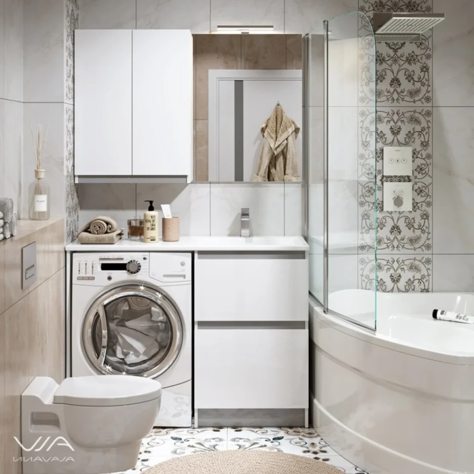 Тумба с раковиной Alavann Soft Silver 120 R под стиральную машину, белая