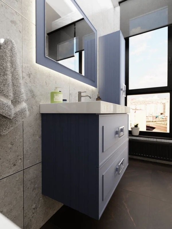 Тумба под раковину La Fenice CUBO Twin Blu Grigio синяя матовая 80 см Черная ручка