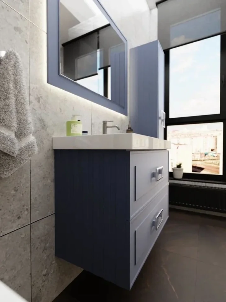 Тумба под раковину La Fenice CUBO Twin Blu Grigio синяя матовая 80 см Черная ручка