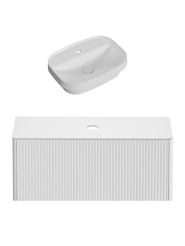 Тумба с раковиной Allen Brau Gravity 120 1 ящик, с фрезеровкой, матовый белый, столешница белая, раковина Fantasy Sphere 55x40, белая