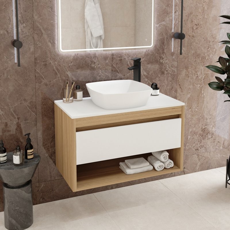 Тумба с раковиной Teymi Ritta 85 дуб эврика, матовая белая, раковина Kati 43