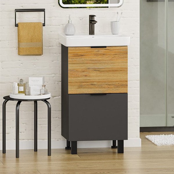 Тумба под раковину Misty Форест 50 напольная, дуб вотан, антрацит