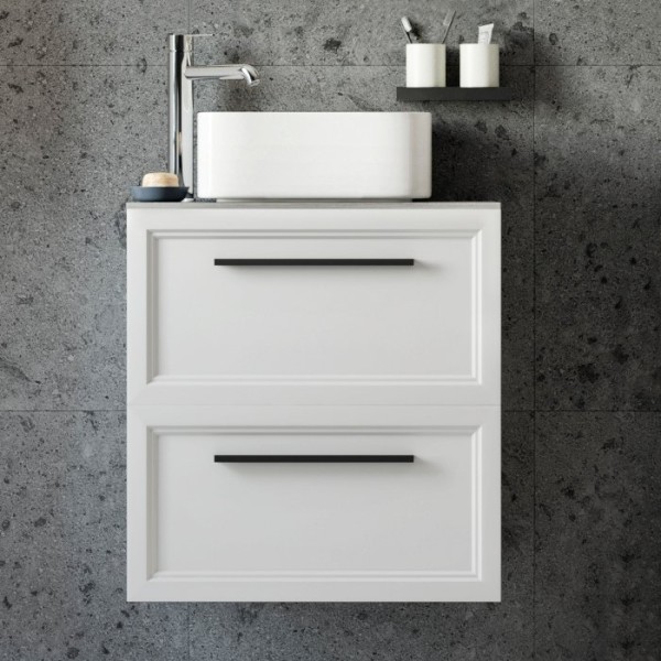 Тумба под раковину со столешницей STWORKI Эстерсунд 60 матовая белая, простоун беж, с отверстием для смесителя