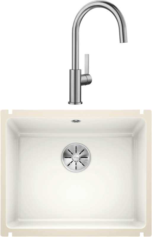 Комплект Мойка Blanco Subline 500-U глянцевая белая, с отводной арматурой InFino + Смеситель Candor 523120