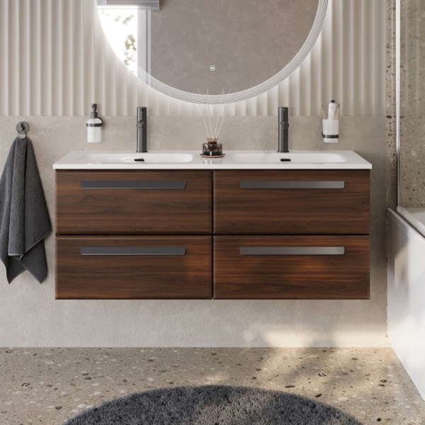 Тумба с раковиной Cezares Eco Cer-N 120 4 ящика, орех шоколад софт, раковина Eco 120, двойная, ручки матовые черные