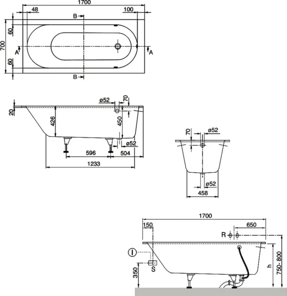 Акриловая ванна Villeroy & Boch Oberon UBQ177OBE2V-01 170x70 см, встраиваемая, цвет альпийский белый, на ножках