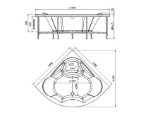 Акриловая ванна Radomir Сандра Стандарт 150x150 см, угловая, пристенная, с гидромассажем, белая, четверть круга, с каркасом, с экраном, с сиденьем, со сливом-переливом