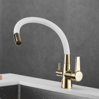Смеситель для кухни Shevanik S668E с гибким изливом, золото, белый